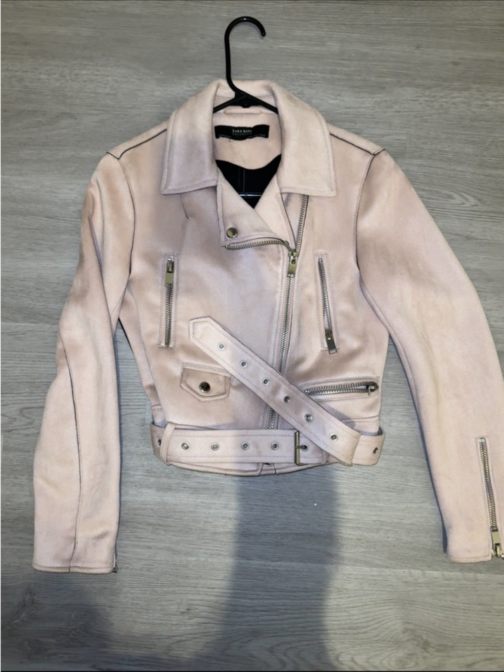 Zara Light Pink Suede Biker Jacket with Belt